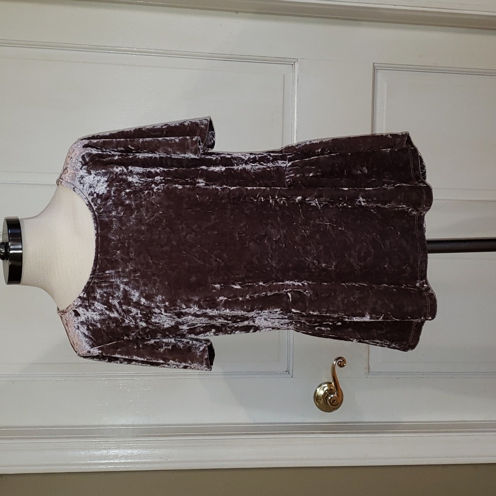Pleione Purple Crushed Velvet Short Sleeve Blouse with Black Bow, Size Medium